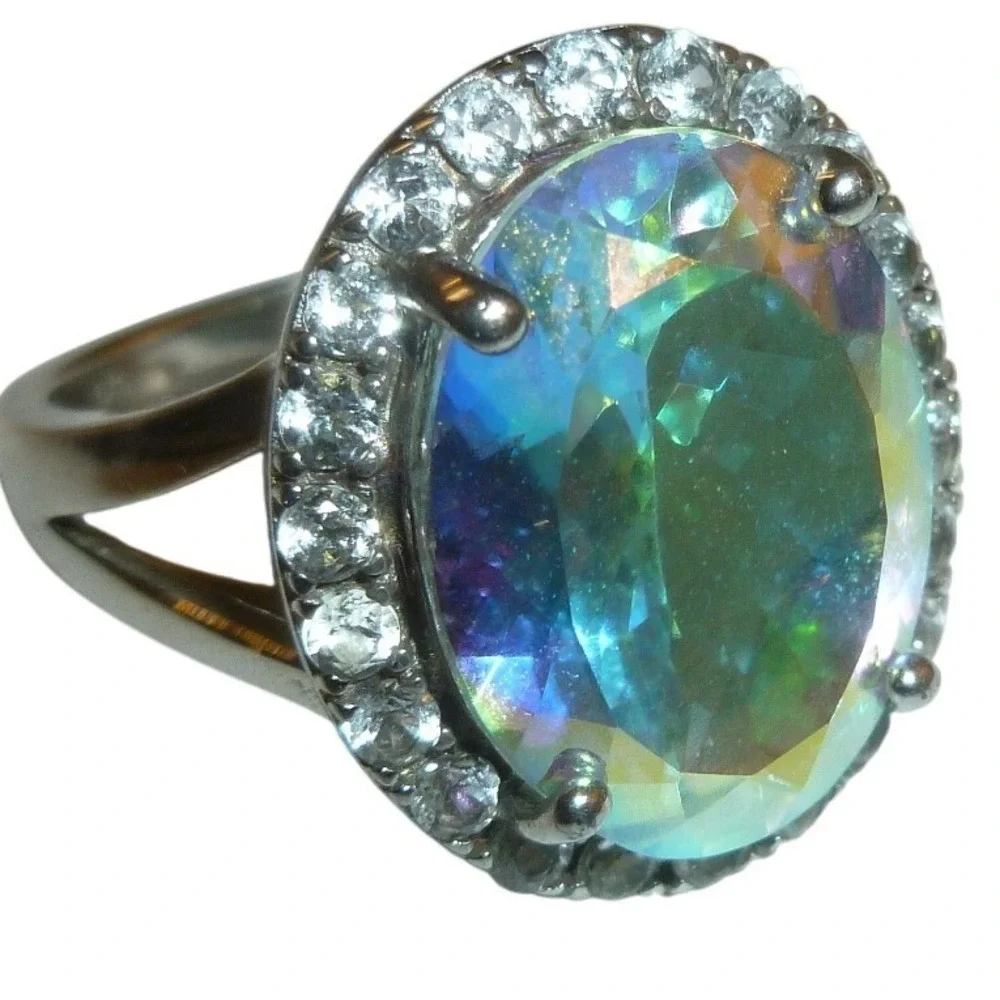 Silver Tone Aurora Borealis Crystal Halo Cocktail Ring Oval Iridescent Size‎ 7